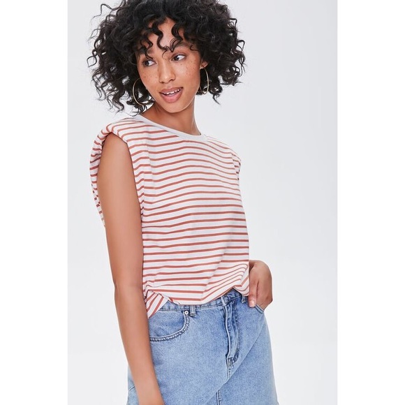 Forever 21 Tops - NWT - Padded Striped Tee - White/faded red - Size Large
